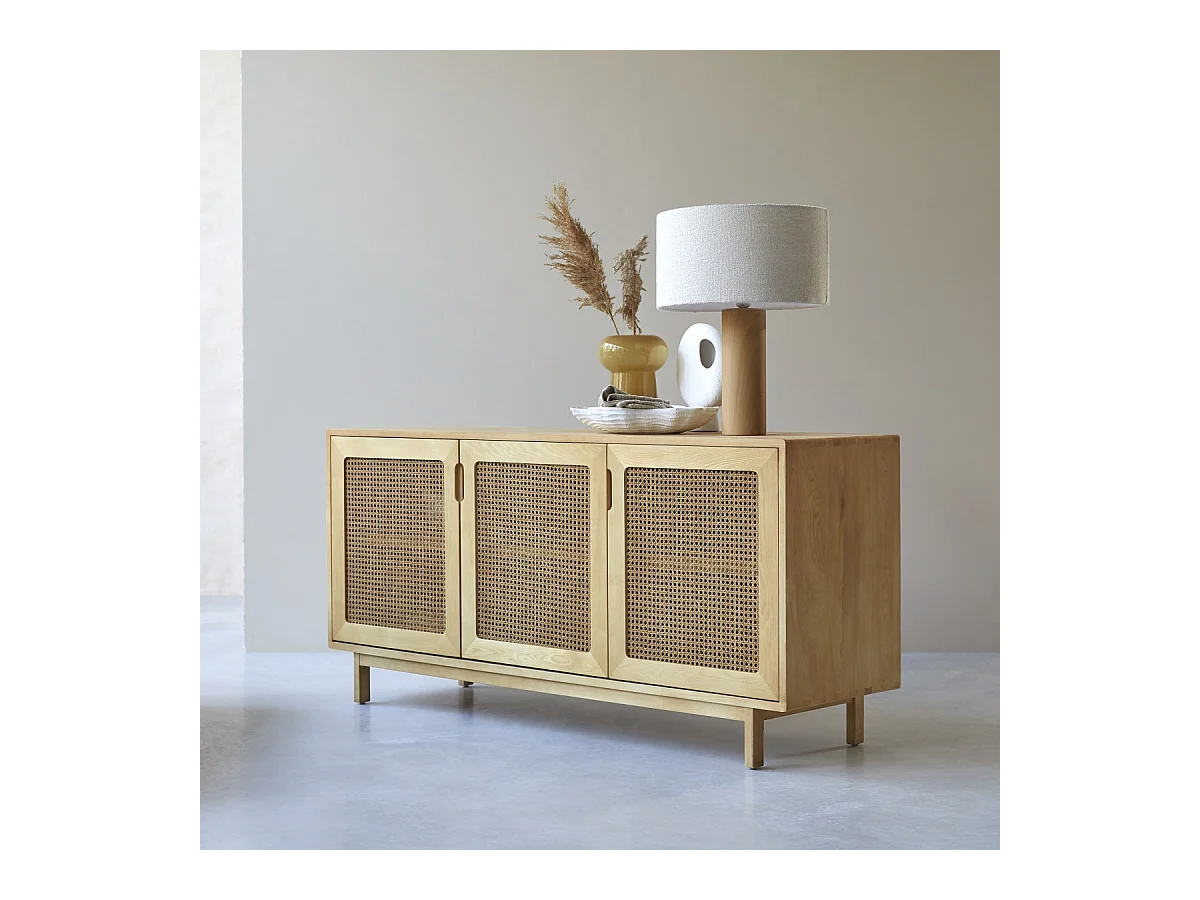 Buffet en bois d'orme massif et cannage Luis 160 cm