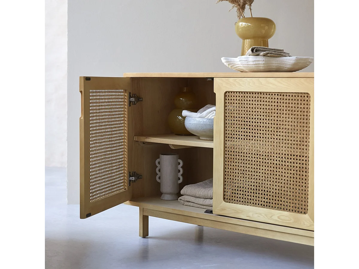 Buffet en bois d'orme massif et cannage Luis 160 cm