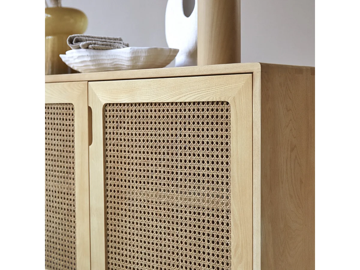 Buffet en bois d'orme massif et cannage Luis 160 cm