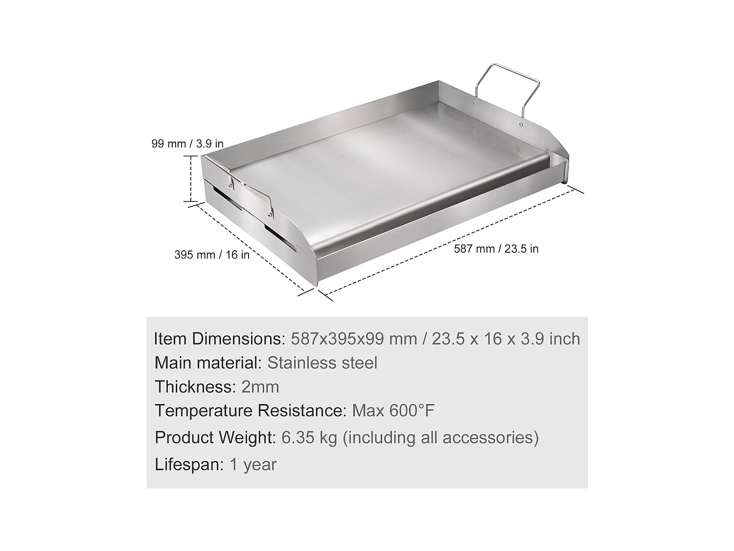 Plaque de Cuisson à Dessus Plat SucceBuy, en Acier Inoxydable, 60 x 41 cm, pour Barbecue et Gril à Gaz 2 Brûleurs, Argent