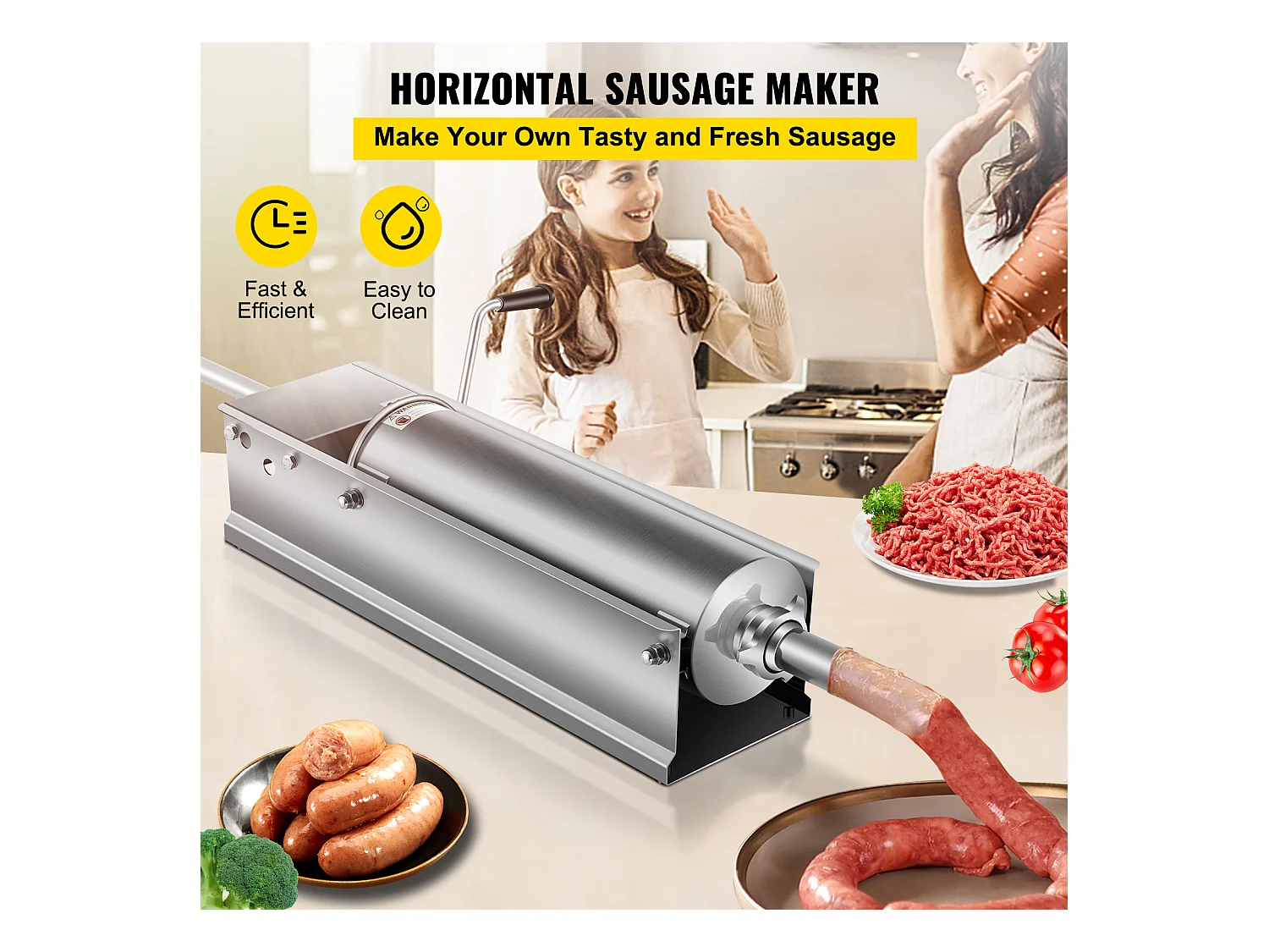 Poussoir à Saucisses Manuel SucceBuy, 7 L, Comprend 5 Tubes, Machine à Saucisses Horizontale, Acier Inoxydable 304 de Qualité Alimentaire