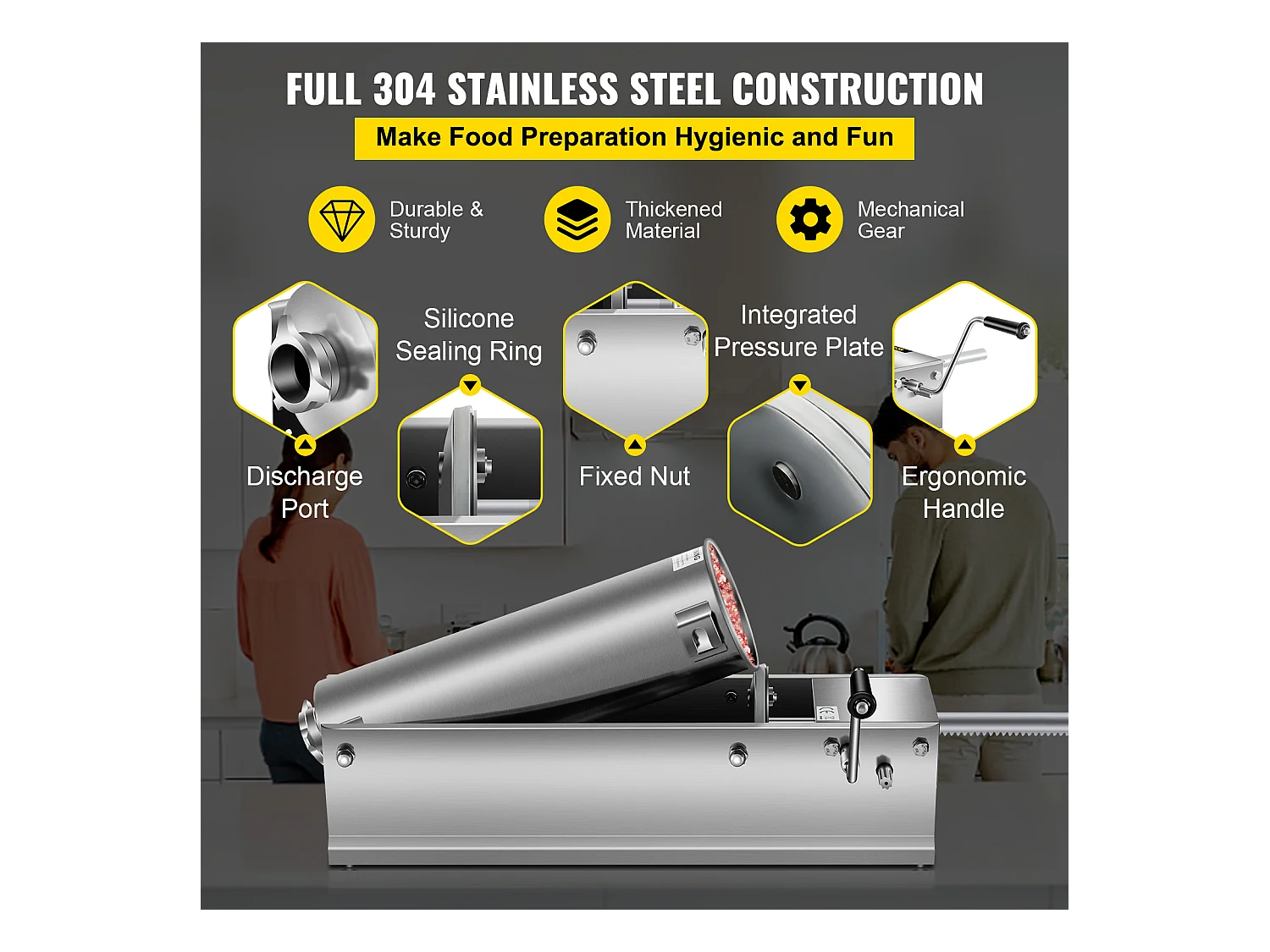 Poussoir à Saucisses Manuel SucceBuy, 7 L, Comprend 5 Tubes, Machine à Saucisses Horizontale, Acier Inoxydable 304 de Qualité Alimentaire