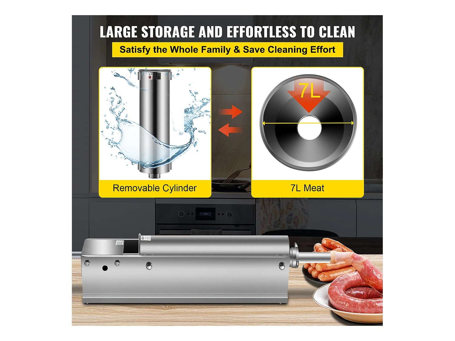 Poussoir à Saucisses Manuel SucceBuy, 7 L, Comprend 5 Tubes, Machine à Saucisses Horizontale, Acier Inoxydable 304 de Qualité Alimentaire