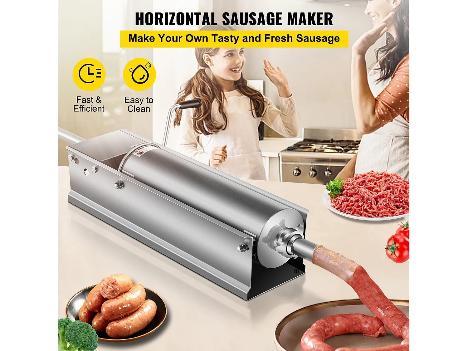 Poussoir à Saucisses Manuel SucceBuy, 7 L, Comprend 5 Tubes, Machine à Saucisses Horizontale, Acier Inoxydable 304 de Qualité Alimentaire