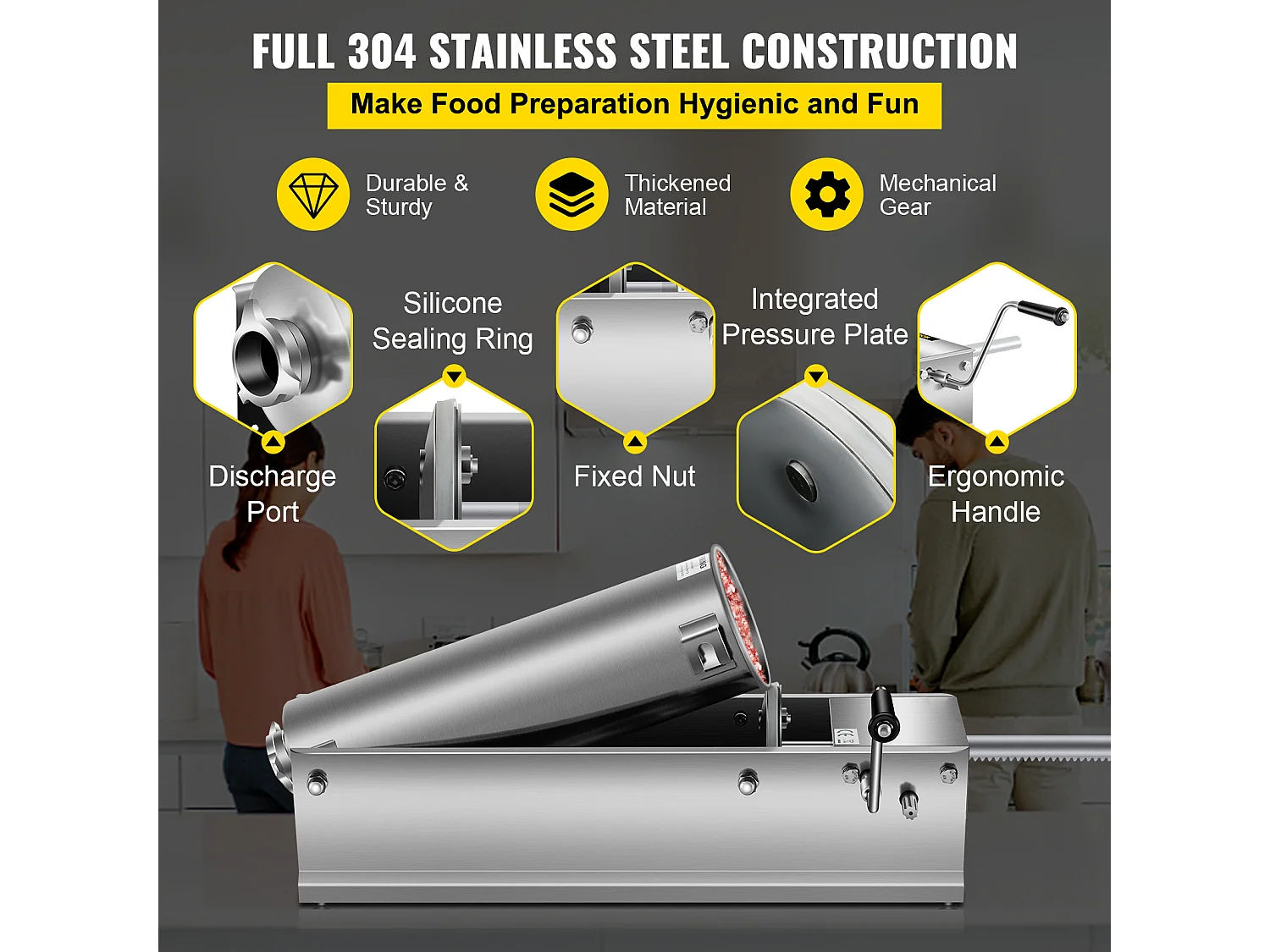 Poussoir à Saucisses Manuel SucceBuy, 7 L, Comprend 5 Tubes, Machine à Saucisses Horizontale, Acier Inoxydable 304 de Qualité Alimentaire