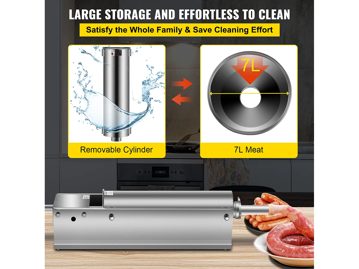 Poussoir à Saucisses Manuel SucceBuy, 7 L, Comprend 5 Tubes, Machine à Saucisses Horizontale, Acier Inoxydable 304 de Qualité Alimentaire