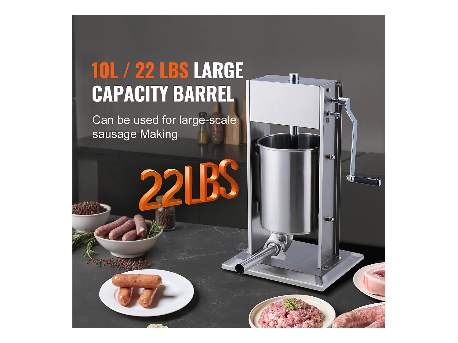 Poussoir à Saucisses Manuel SucceBuy, 10 L, 5 Tubes, Double Vitesse, en Acier Inoxydable 304, pour Usage Domestique et Commercial