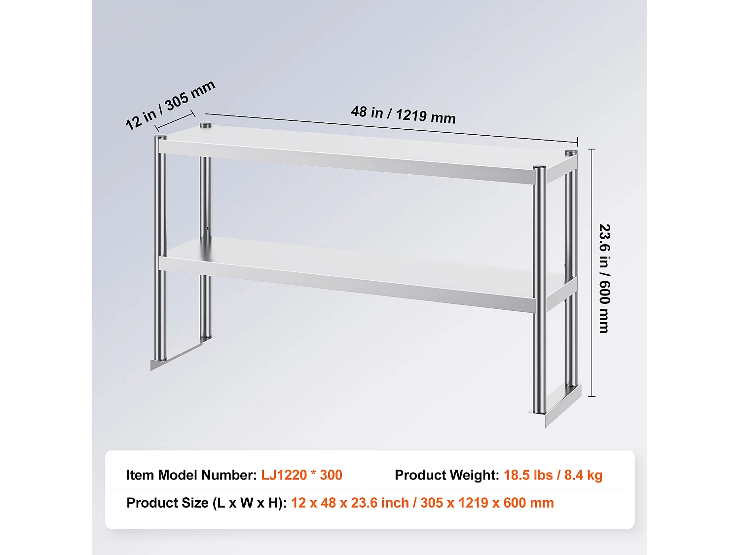 Werktafel Keuken SucceBuy 30,5x121,9 cm, Dubbele Etage met 2 Niveaus in Roestvrij Staal