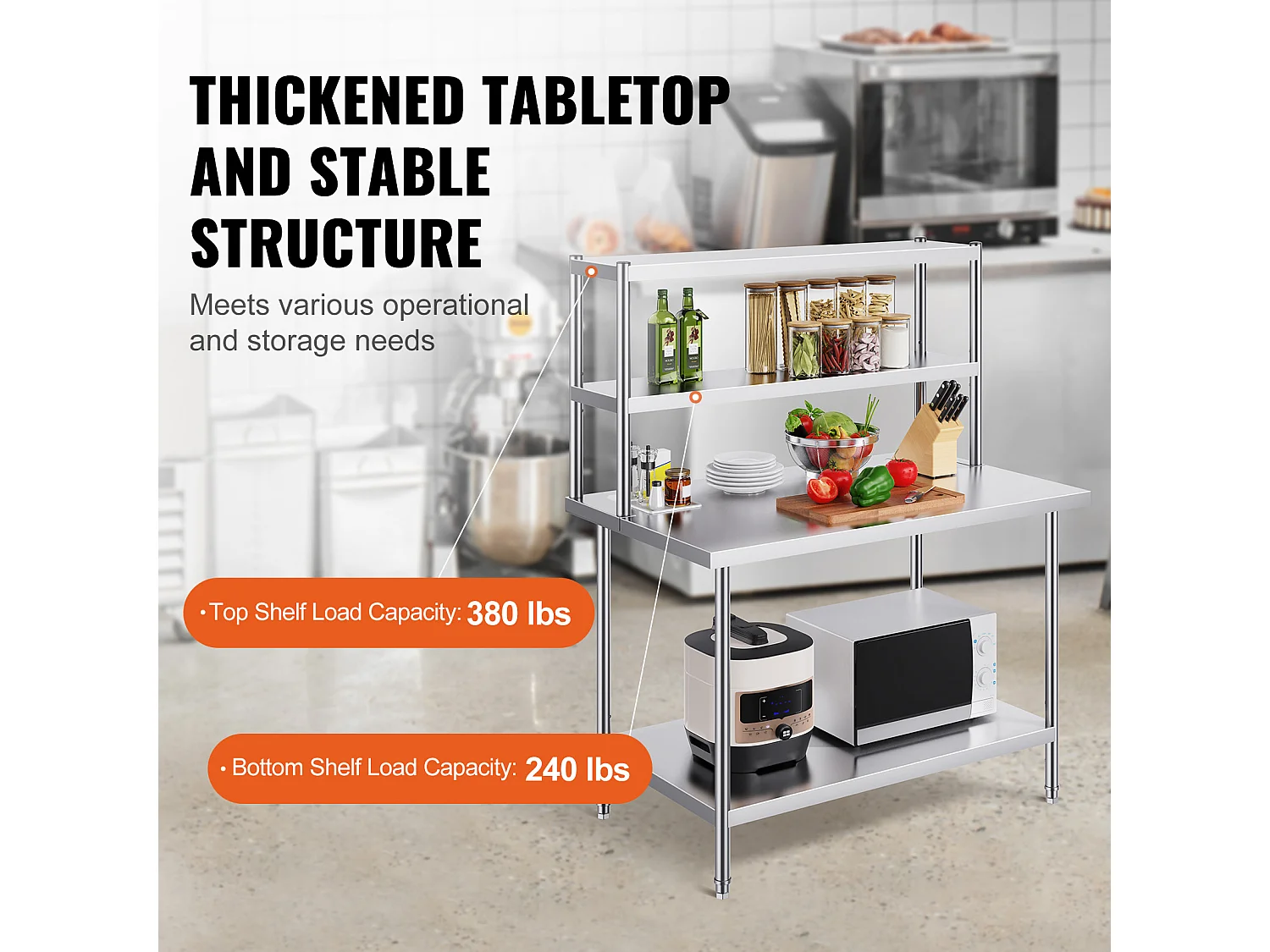 Werktafel Keuken SucceBuy 30,5x121,9 cm, Dubbele Etage met 2 Niveaus in Roestvrij Staal
