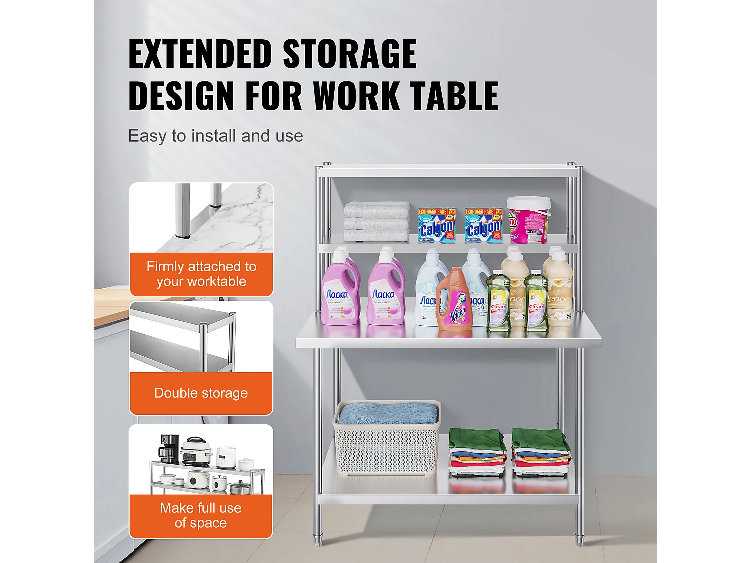 Werktafel Keuken SucceBuy 30,5x121,9 cm, Dubbele Etage met 2 Niveaus in Roestvrij Staal