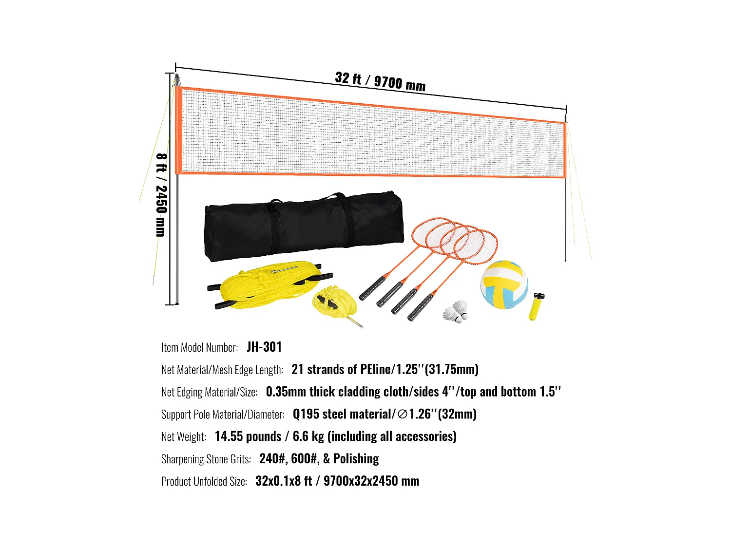 Filet de Badminton, SucceBuy Ensemble de Volley-ball et de Badminton d'Extérieur, Filet Portable, Hauteur Réglable