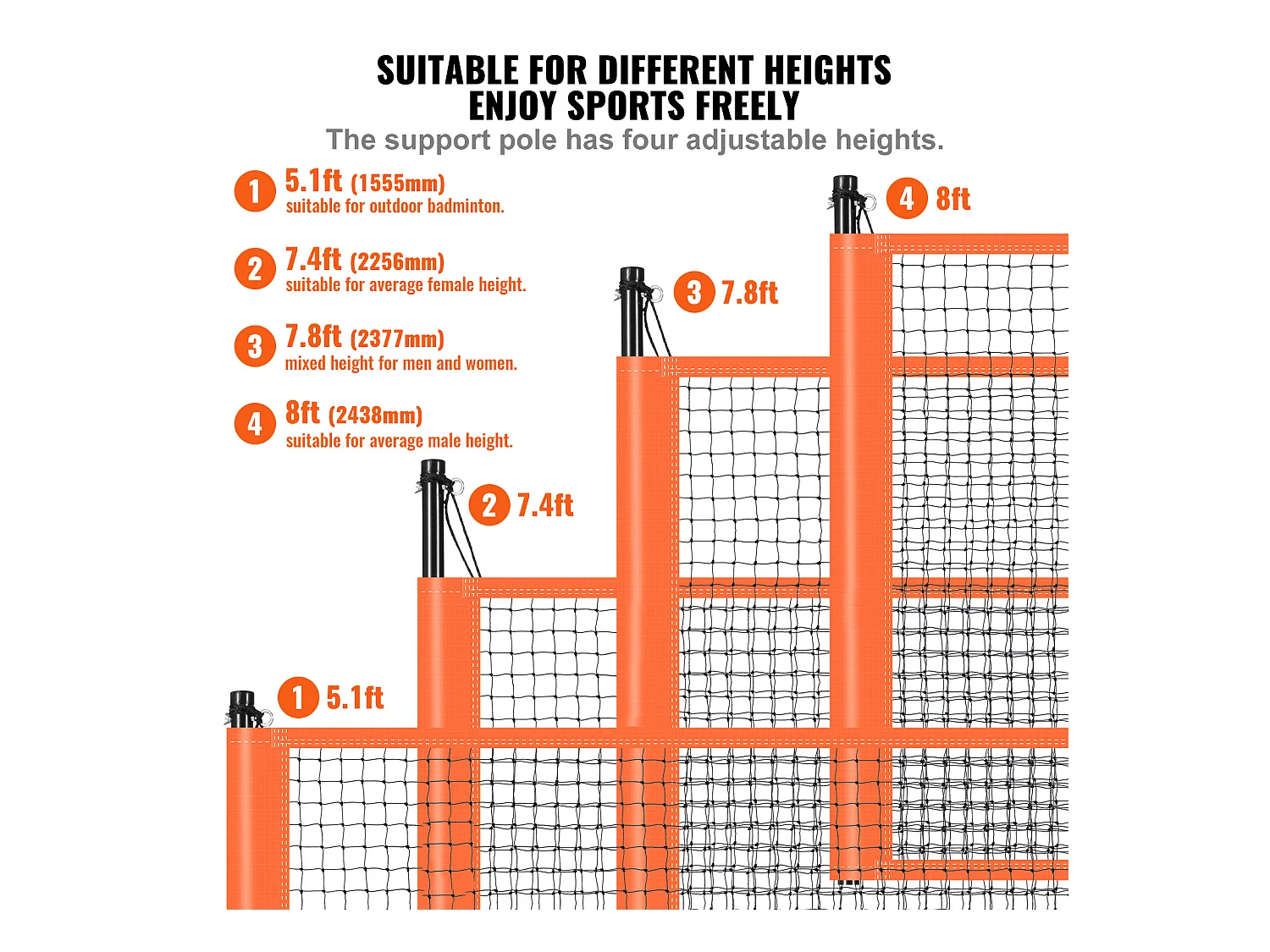 Filet de Badminton, SucceBuy Ensemble de Volley-ball et de Badminton d'Extérieur, Filet Portable, Hauteur Réglable