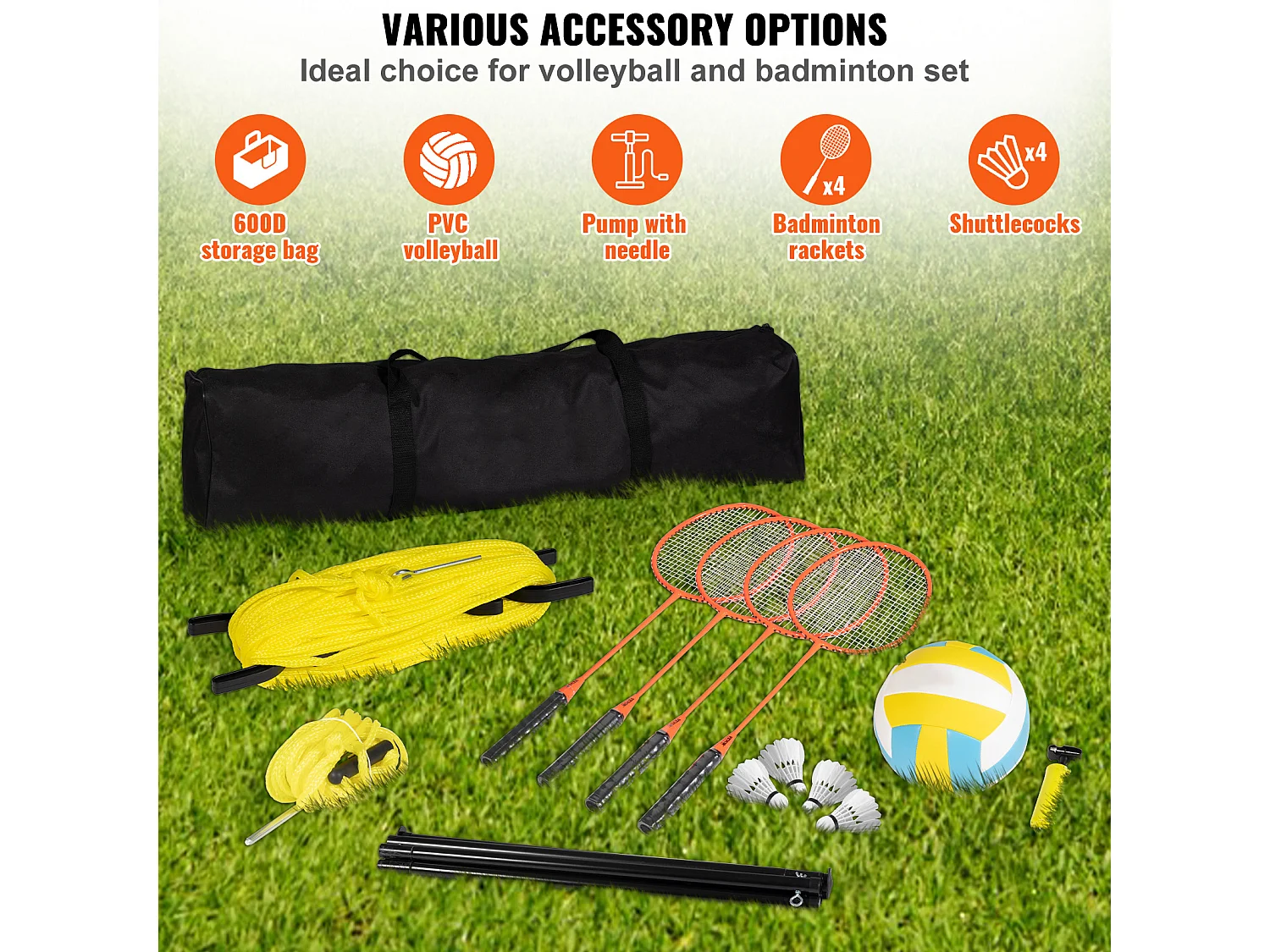 Filet de Badminton, SucceBuy Ensemble de Volley-ball et de Badminton d'Extérieur, Filet Portable, Hauteur Réglable