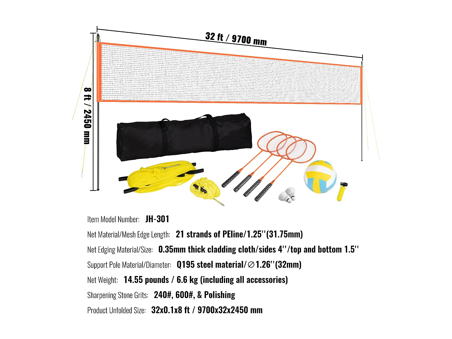 Filet de Badminton, SucceBuy Ensemble de Volley-ball et de Badminton d'Extérieur, Filet Portable, Hauteur Réglable