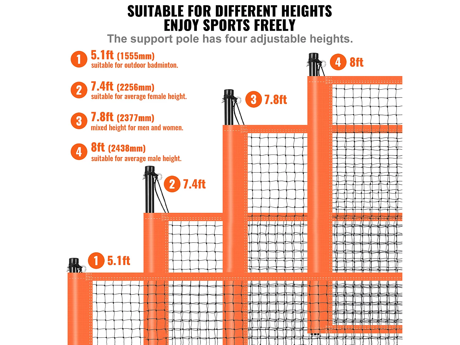 Filet de Badminton, SucceBuy Ensemble de Volley-ball et de Badminton d'Extérieur, Filet Portable, Hauteur Réglable