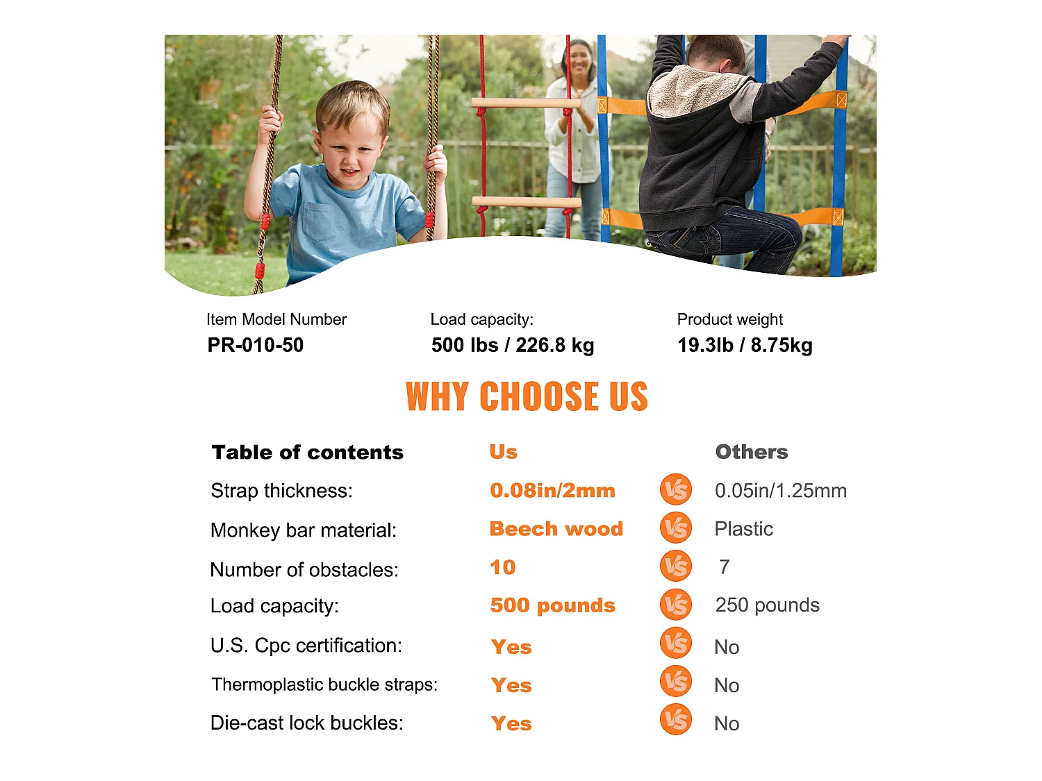 Parcours d’Obstacles  Ninja Warrior SucceBuy, 3 x 127 cm pour Enfants, 10 Obstacles, Slackline Extérieur