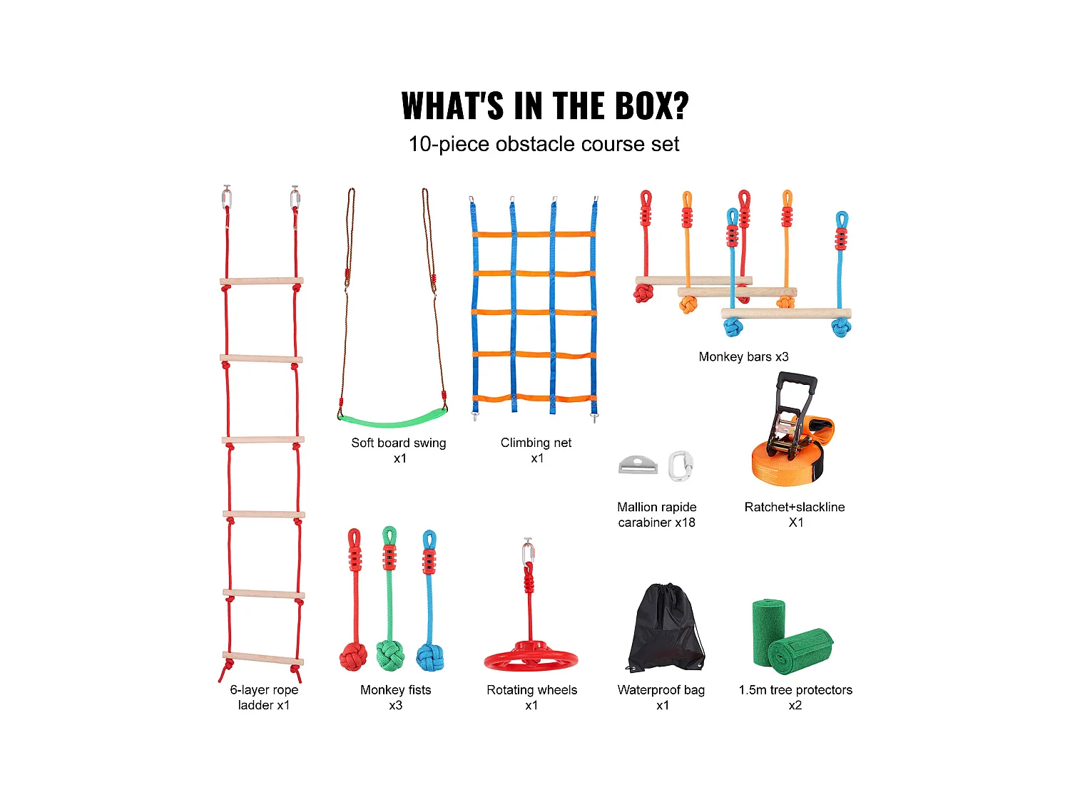 Parcours d’Obstacles  Ninja Warrior SucceBuy, 3 x 127 cm pour Enfants, 10 Obstacles, Slackline Extérieur