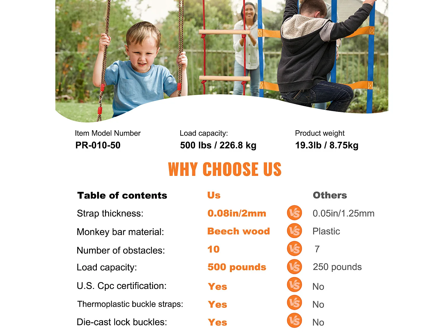 Ninja Warrior Obstakel parcours SucceBuy, 3 x 127 cm voor Kinderen, 10 Obstakels, Buiten-Slackline