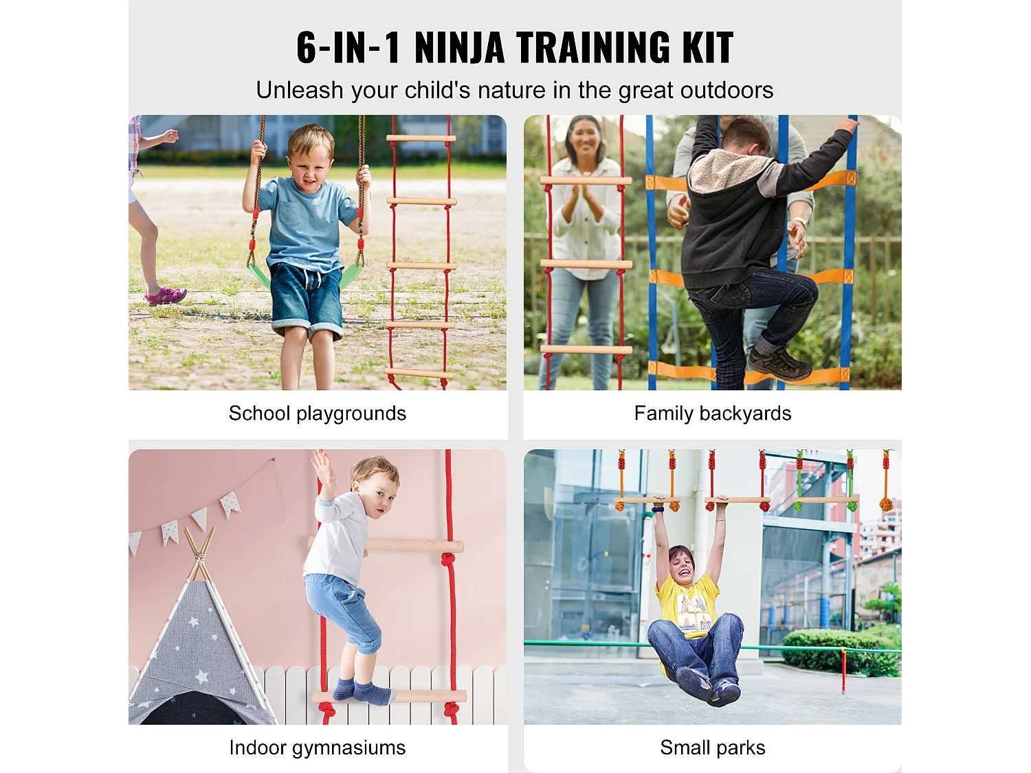 Ninja Warrior Obstakel parcours SucceBuy, 3 x 127 cm voor Kinderen, 10 Obstakels, Buiten-Slackline
