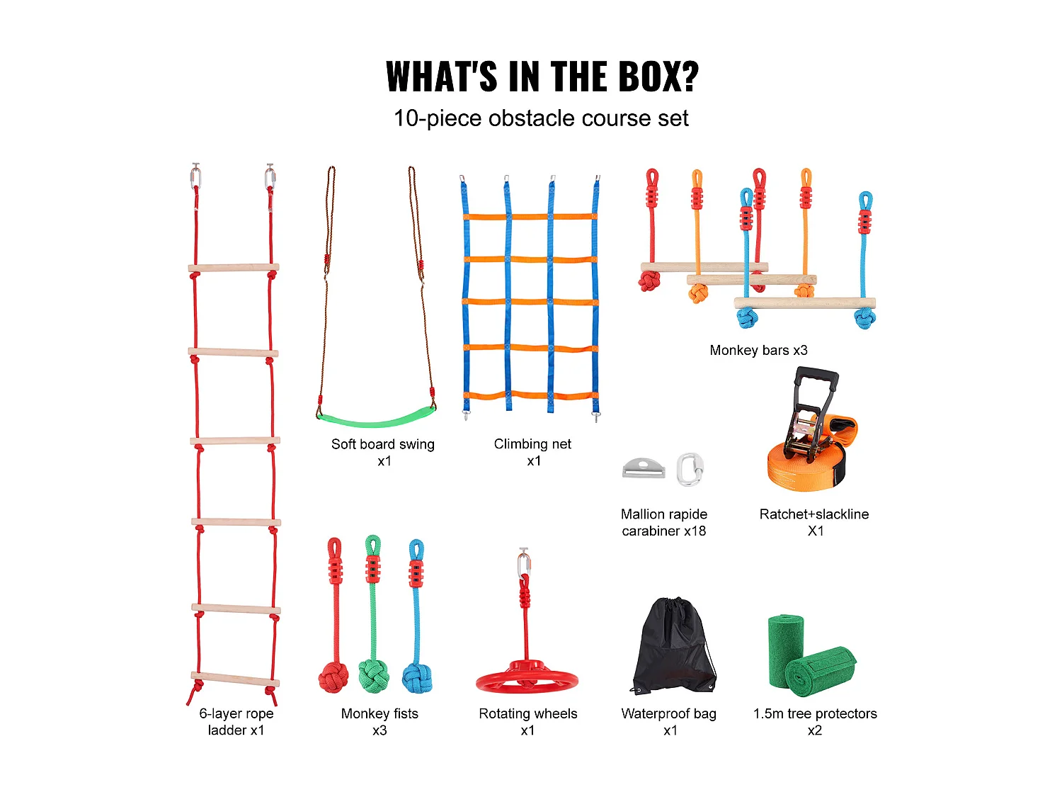 Ninja Warrior Obstakel parcours SucceBuy, 3 x 127 cm voor Kinderen, 10 Obstakels, Buiten-Slackline