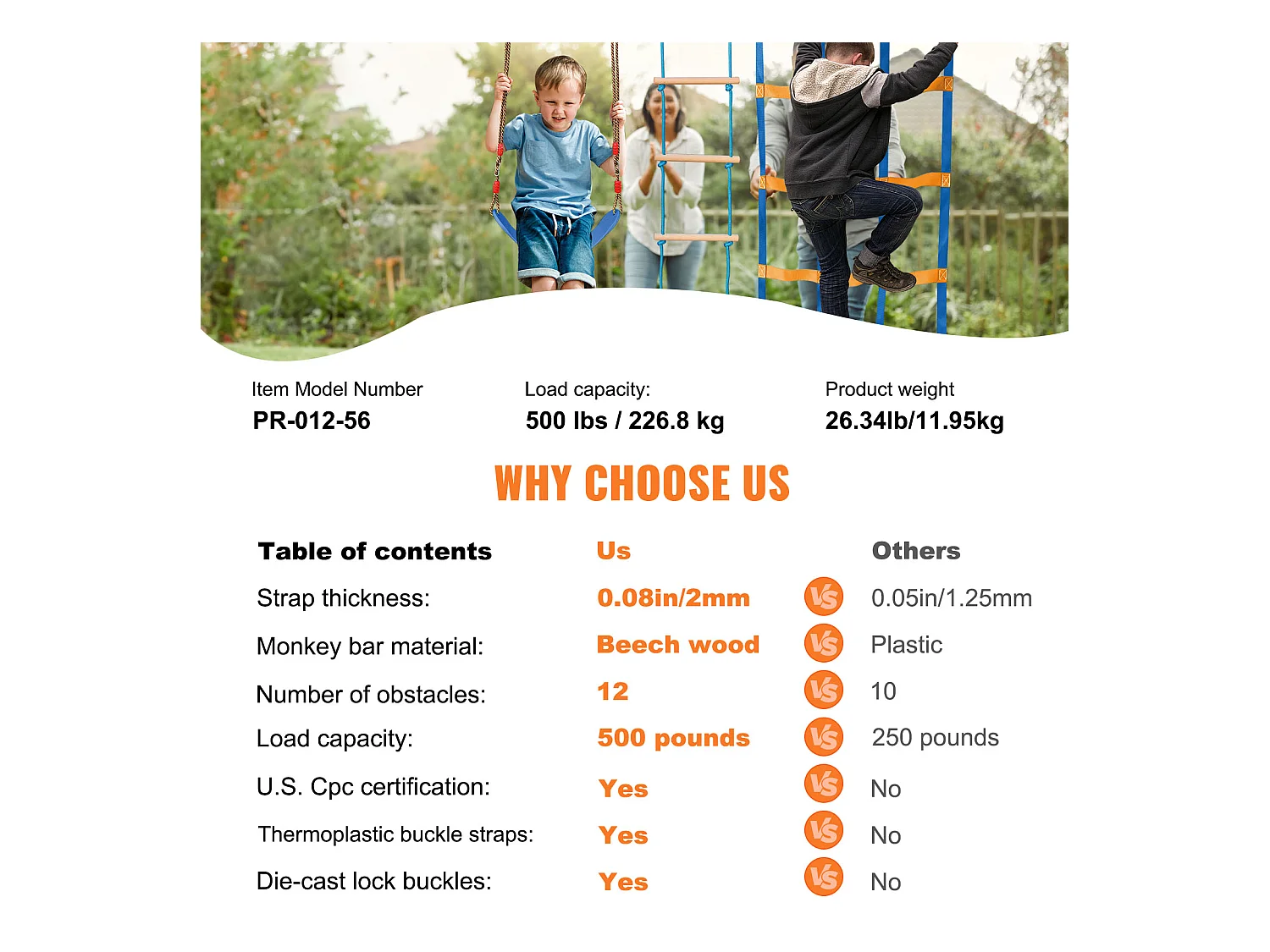 Parcours d’Obstacles  Ninja Warrior SucceBuy, 5 x142 cm pour Enfants, 12 Obstacles, Slackline Extérieur