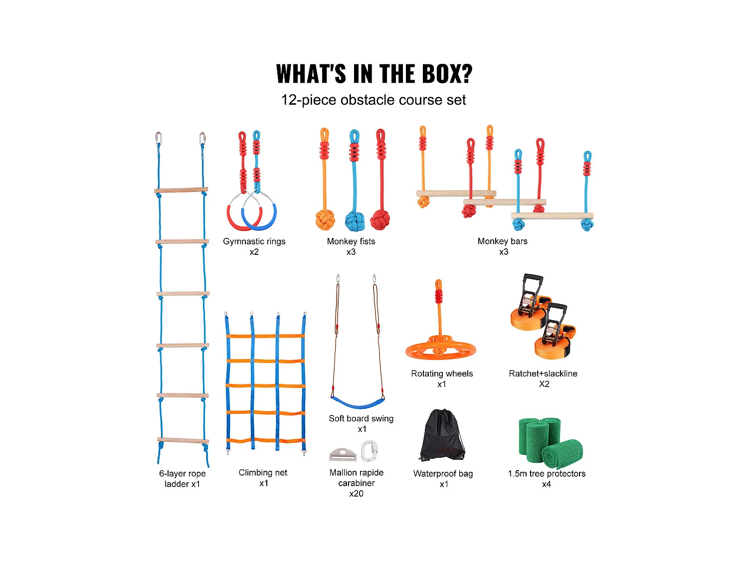 Parcours d’Obstacles  Ninja Warrior SucceBuy, 5 x142 cm pour Enfants, 12 Obstacles, Slackline Extérieur