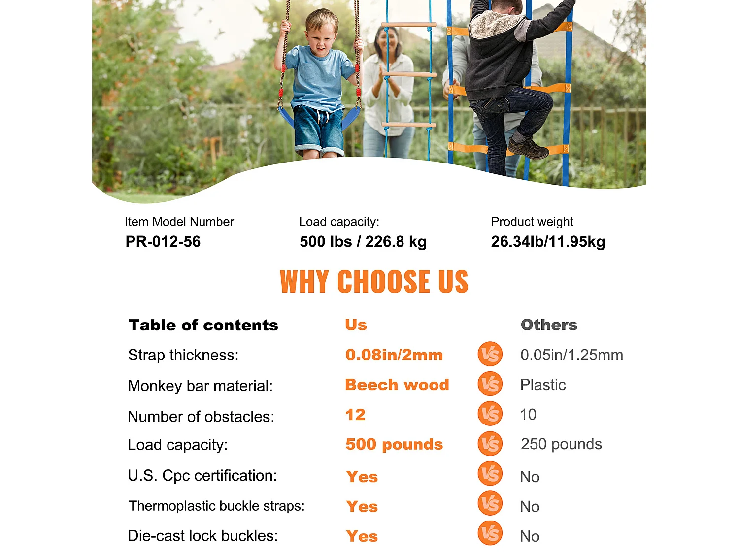 Recorrido de Obstáculos Ninja Warrior SucceBuy, 5 x142 cm para Niños, 12 Obstáculos, Slackline Exterior