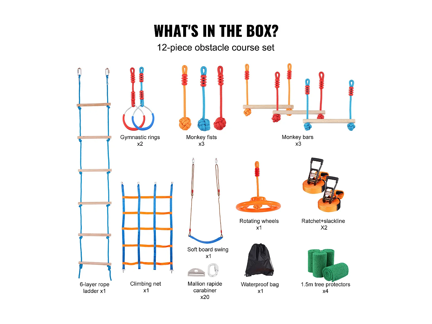 Recorrido de Obstáculos Ninja Warrior SucceBuy, 5 x142 cm para Niños, 12 Obstáculos, Slackline Exterior