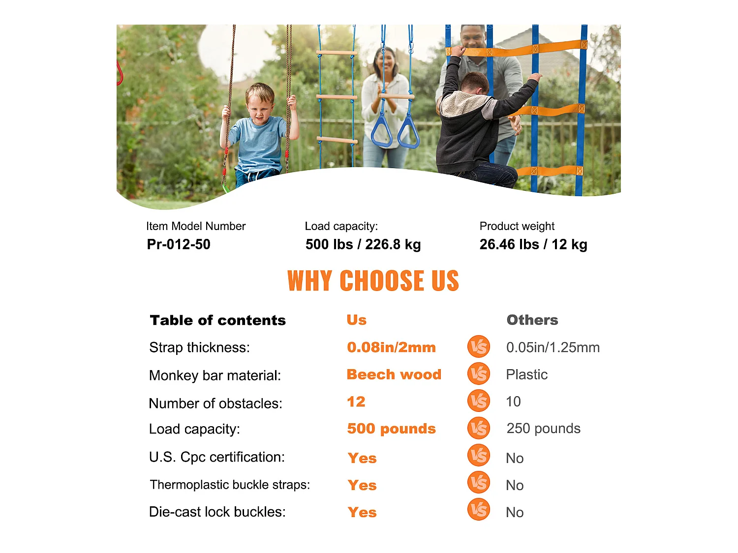 Parcours d’Obstacles  Ninja Warrior SucceBuy, 5 x 127 cm pour Enfants, 12 Obstacles, Slackline Extérieur