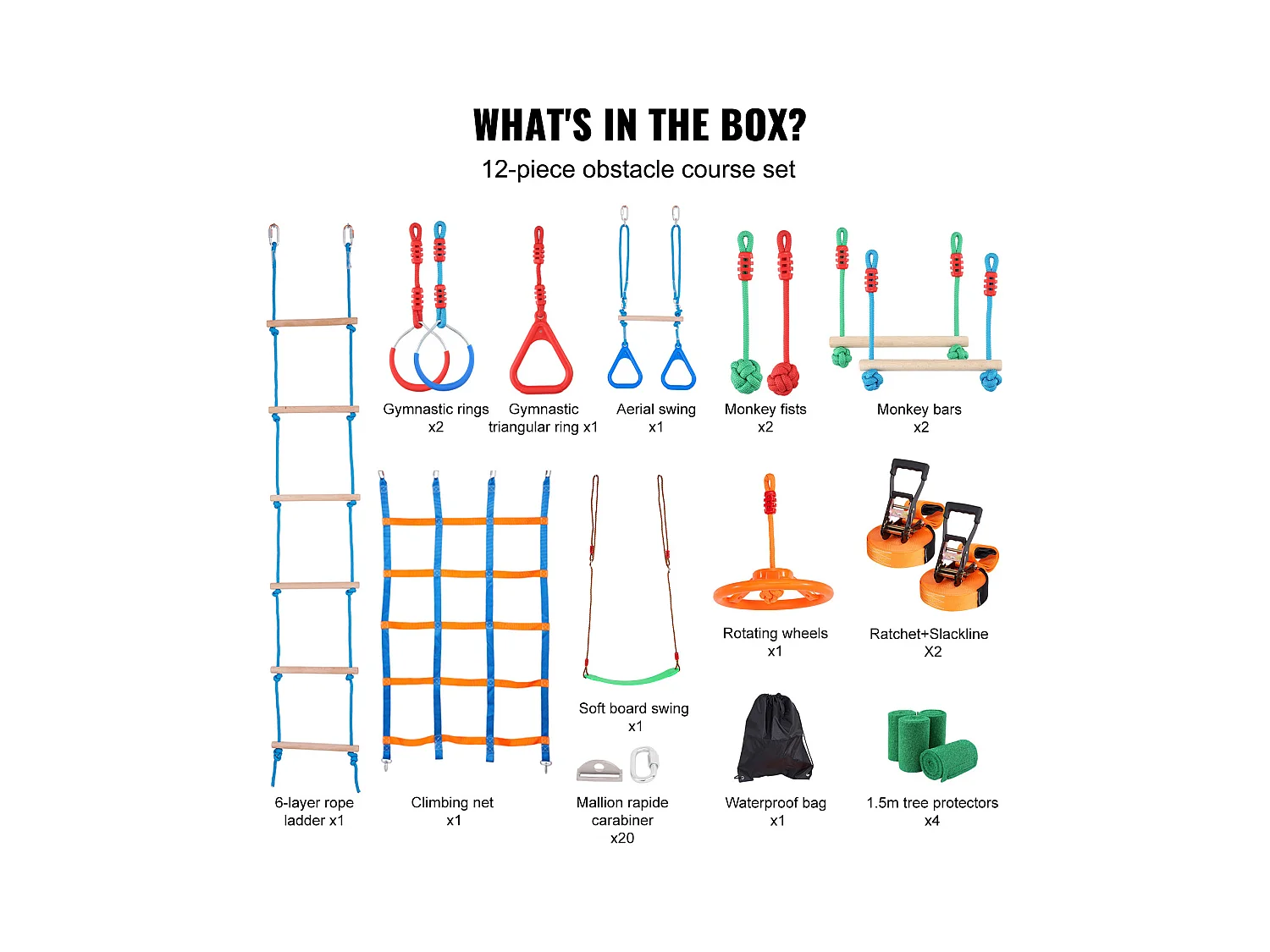 Parcours d’Obstacles  Ninja Warrior SucceBuy, 5 x 127 cm pour Enfants, 12 Obstacles, Slackline Extérieur