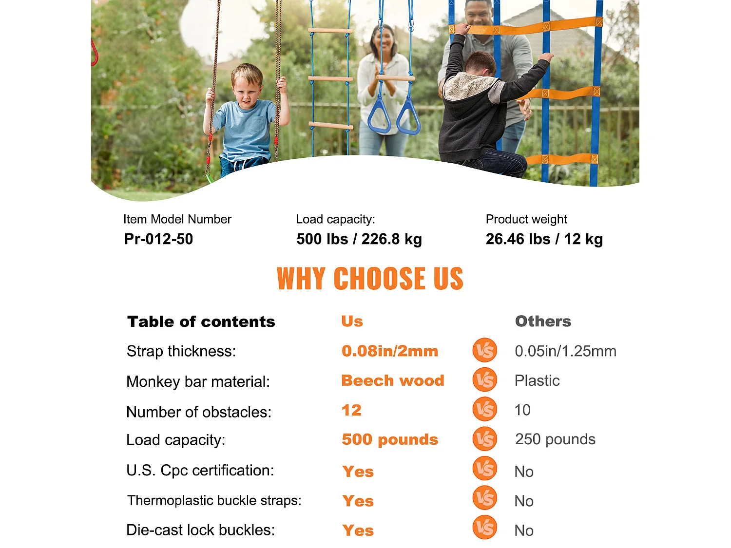 Recorrido de Obstáculos Ninja Warrior SucceBuy, 5 x 127 cm para Niños, 12 Obstáculos, Slackline Exterior