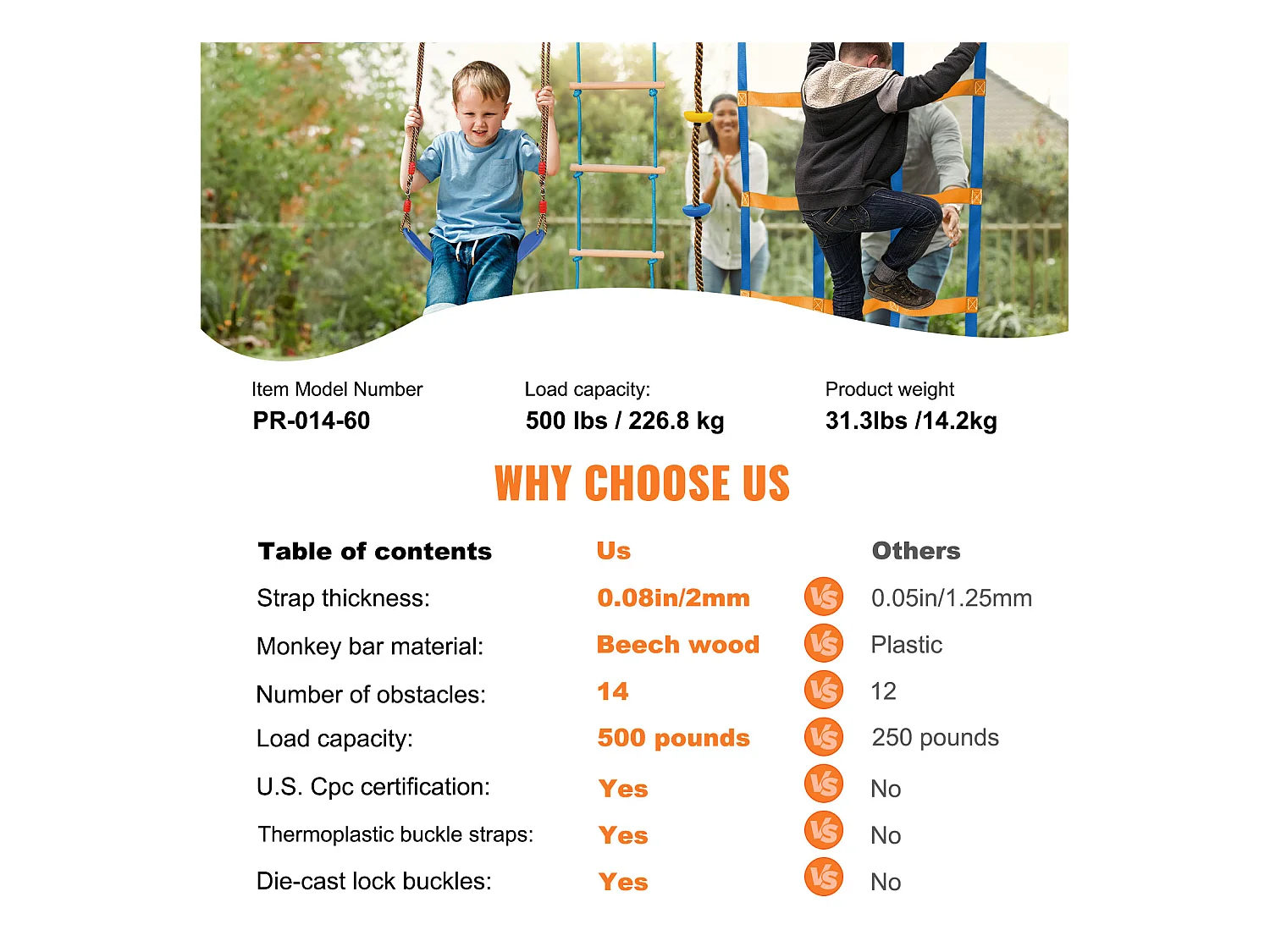 Trasa Przełęzienia Ninja Warrior SucceBuy, 5 x152 cm cm dla Dzieci, 14 Przełomu, Slackline Na Zewnątrz