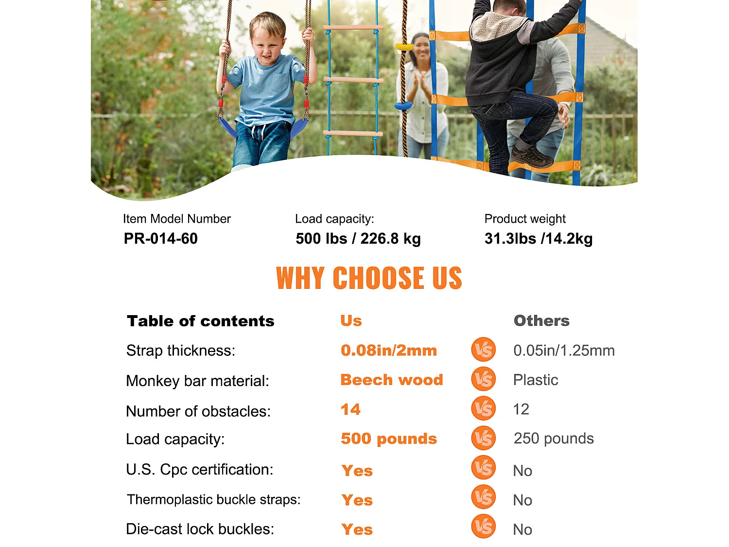 Trasa Przełęzienia Ninja Warrior SucceBuy, 5 x152 cm cm dla Dzieci, 14 Przełomu, Slackline Na Zewnątrz