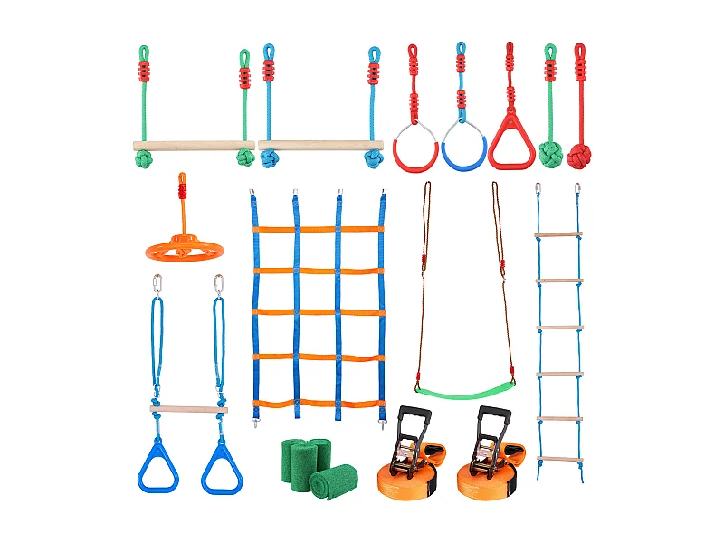 Ninja Warrior Obstakel parcours SucceBuy, 5 x165 cm voor Kinderen, 12 Obstakels, Buiten-Slackline