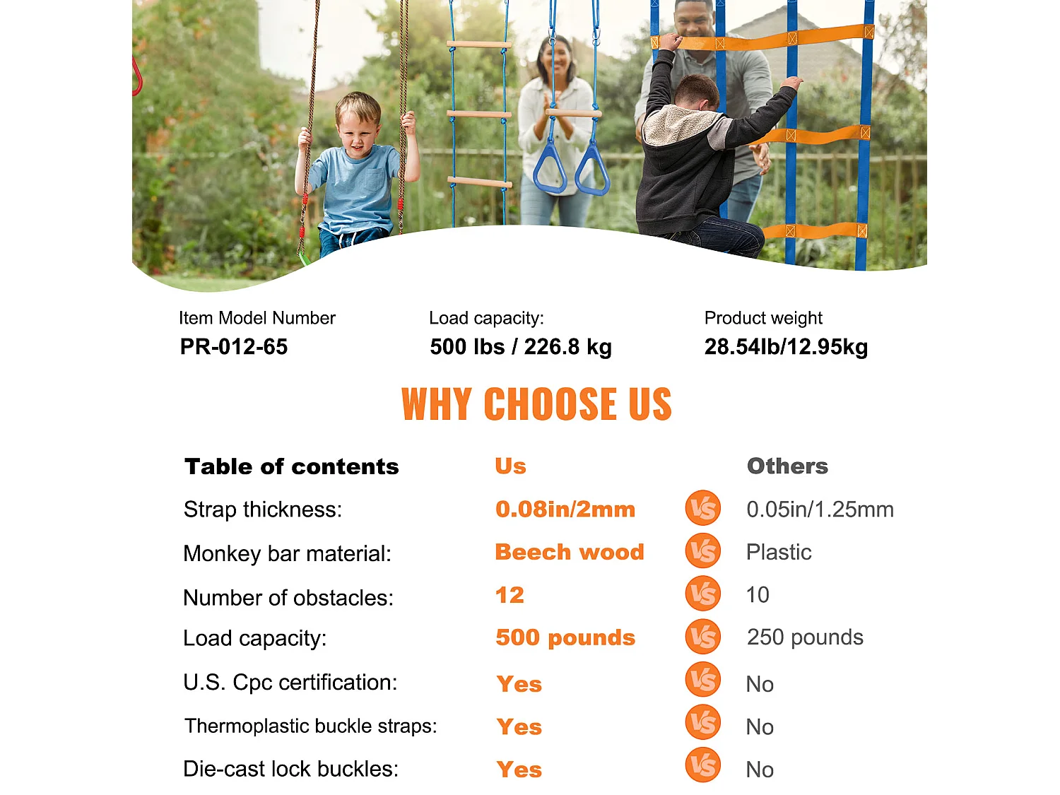 Parcours d’Obstacles  Ninja Warrior SucceBuy, 5 x165 cm pour Enfants, 12 Obstacles, Slackline Extérieur