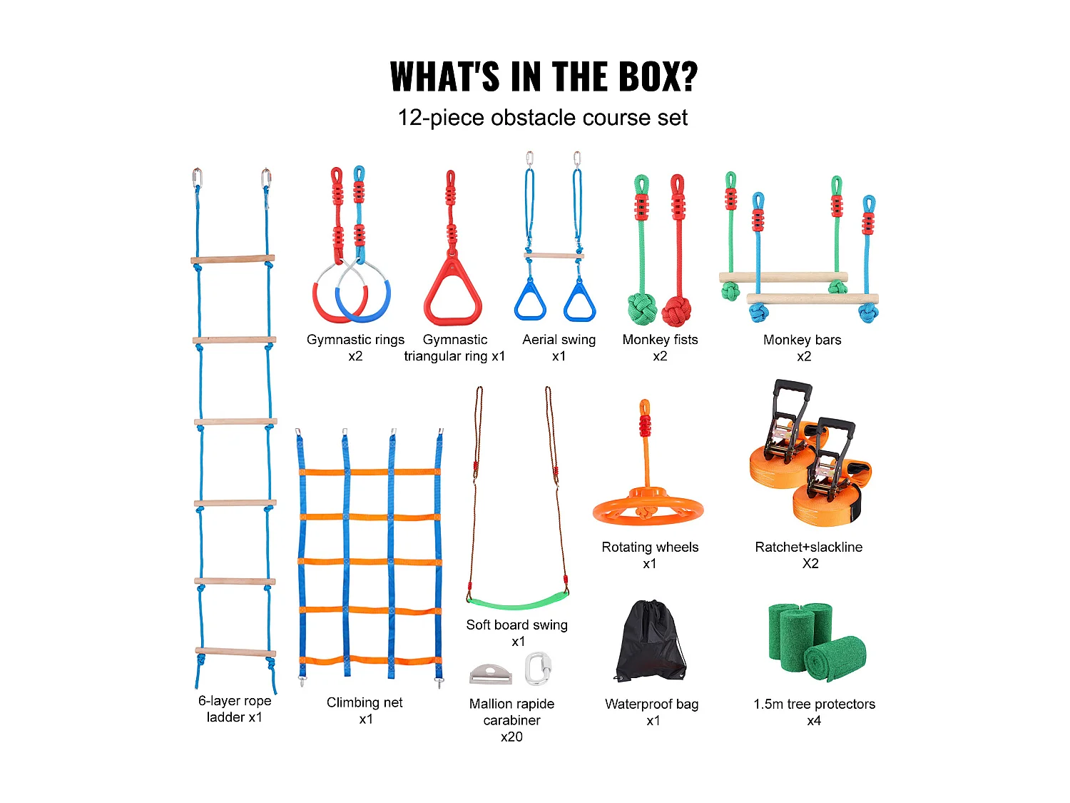 Parcours d’Obstacles  Ninja Warrior SucceBuy, 5 x165 cm pour Enfants, 12 Obstacles, Slackline Extérieur