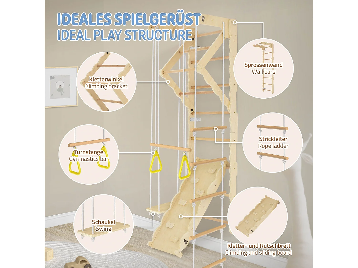 Joyz Recódromo de interior 6en1 con barras de pared, tabla de escalada y deslizamiento ángulo de escalar, poste de gimnasia, columpio y escalera