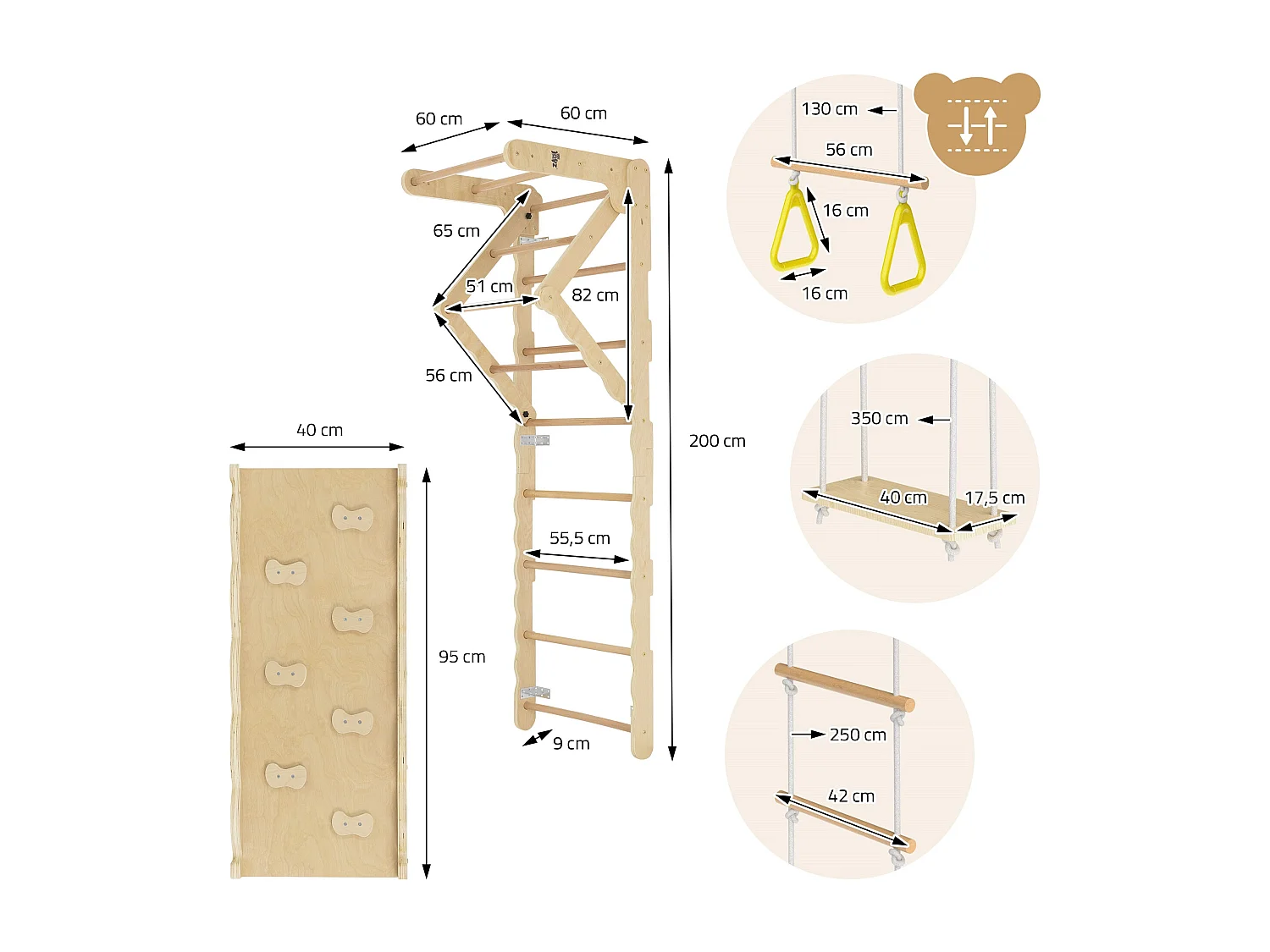 Joyz Recódromo de interior 6en1 con barras de pared, tabla de escalada y deslizamiento ángulo de escalar, poste de gimnasia, columpio y escalera