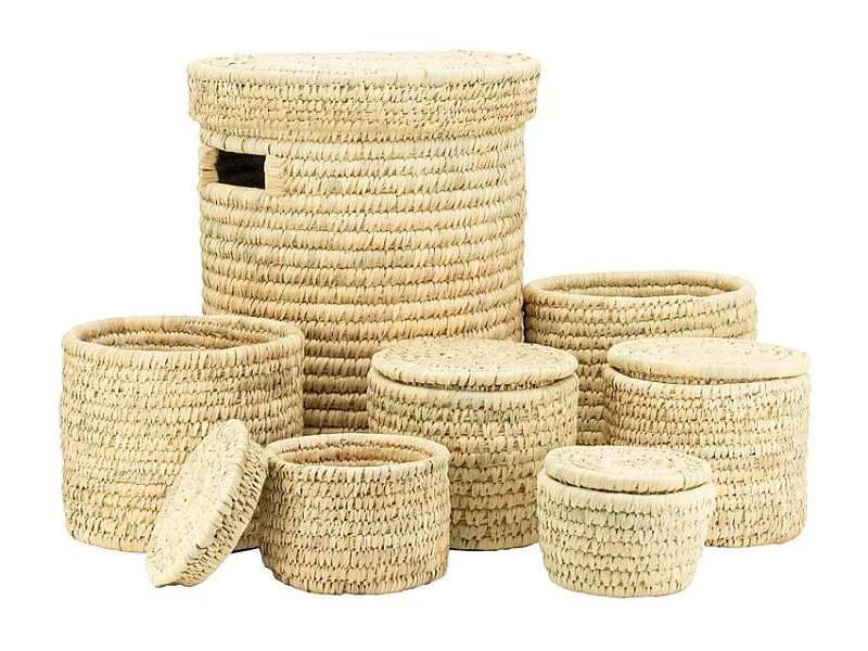 Ensemble panier à linge en jonc naturel avec couvercle et corbeilles assorties