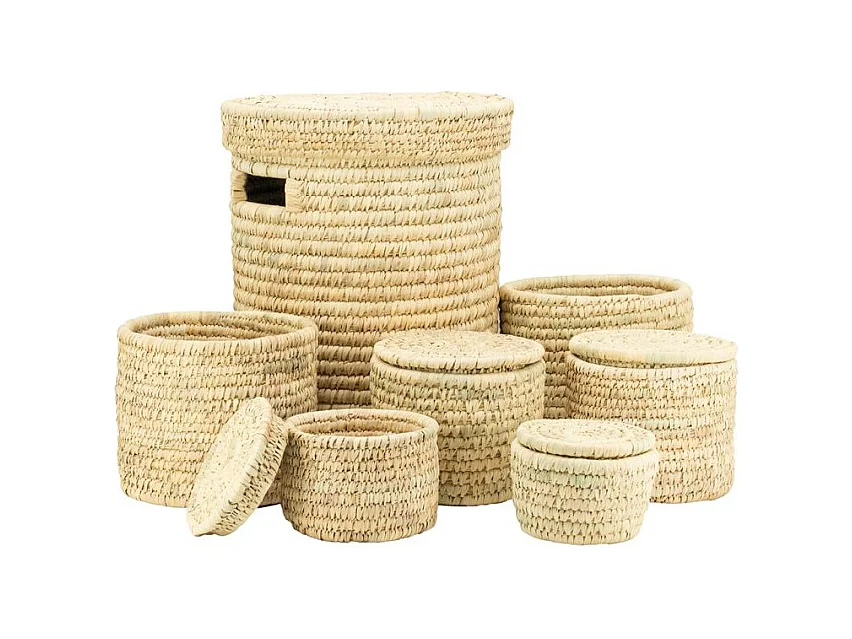 Ensemble panier à linge en jonc naturel avec couvercle et corbeilles assorties