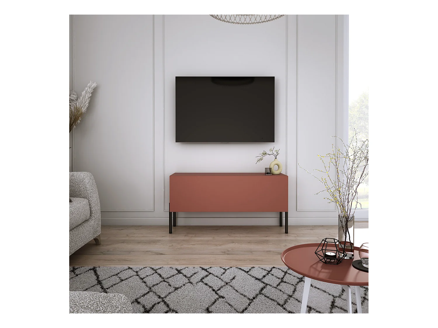 Meuble TV : Rouge Brique, 100 x 52 x 32 cm, pieds noires