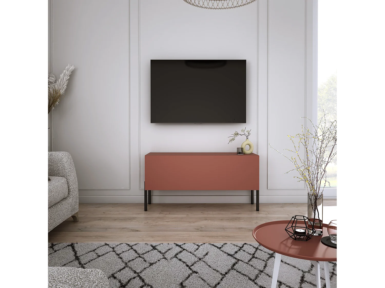 Meuble TV : Rouge Brique, 100 x 52 x 32 cm, pieds noires