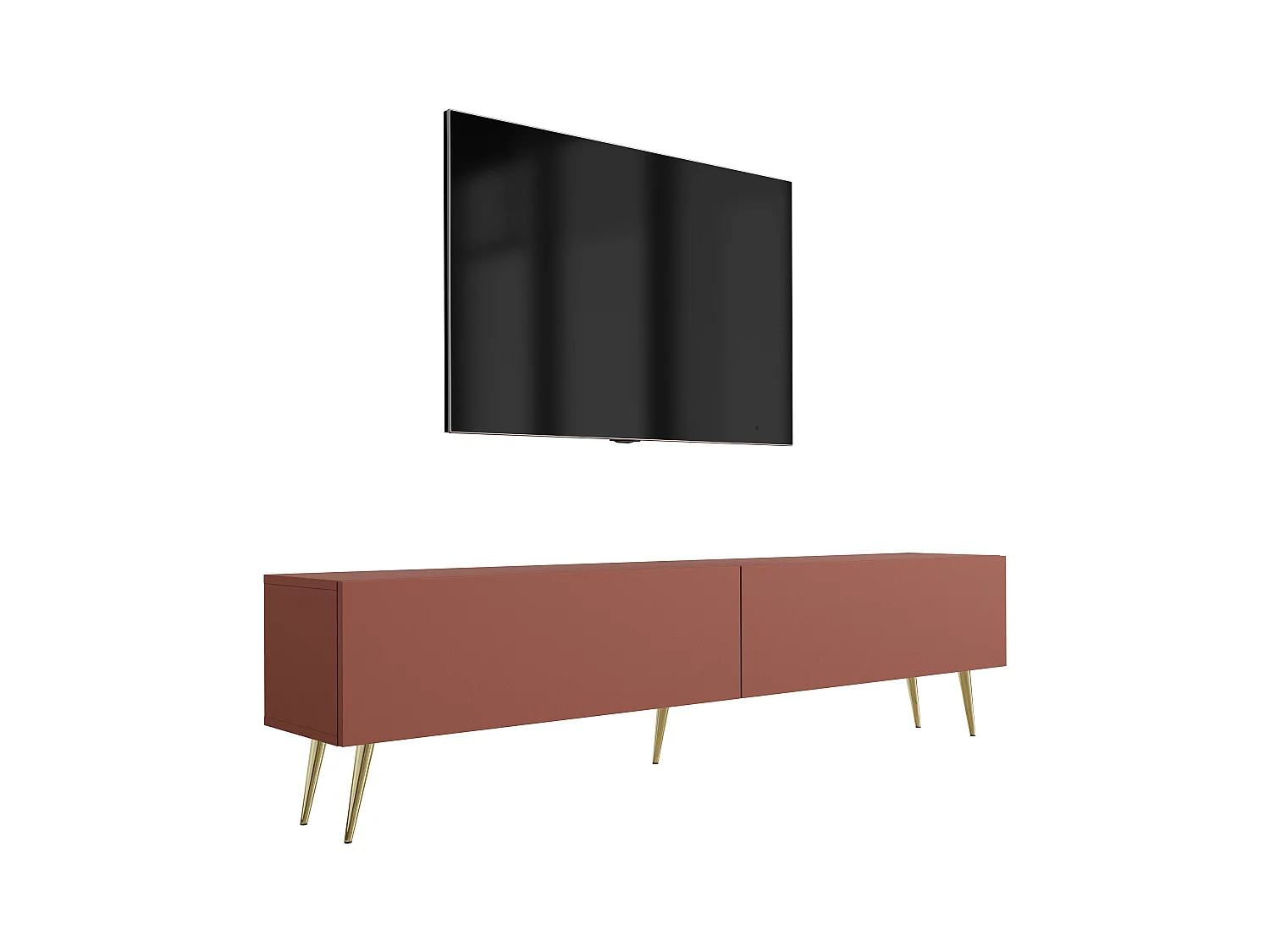 Mueble TV: Rojo ladrillo, 170 x 52 x 32 cm, patas doradas