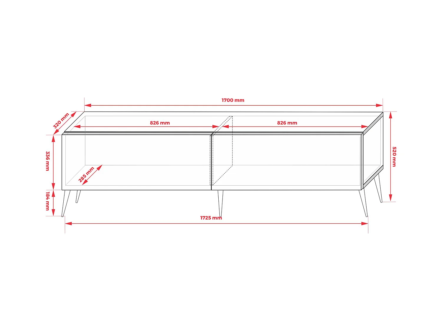 Mueble TV: Rojo ladrillo, 170 x 52 x 32 cm, patas doradas