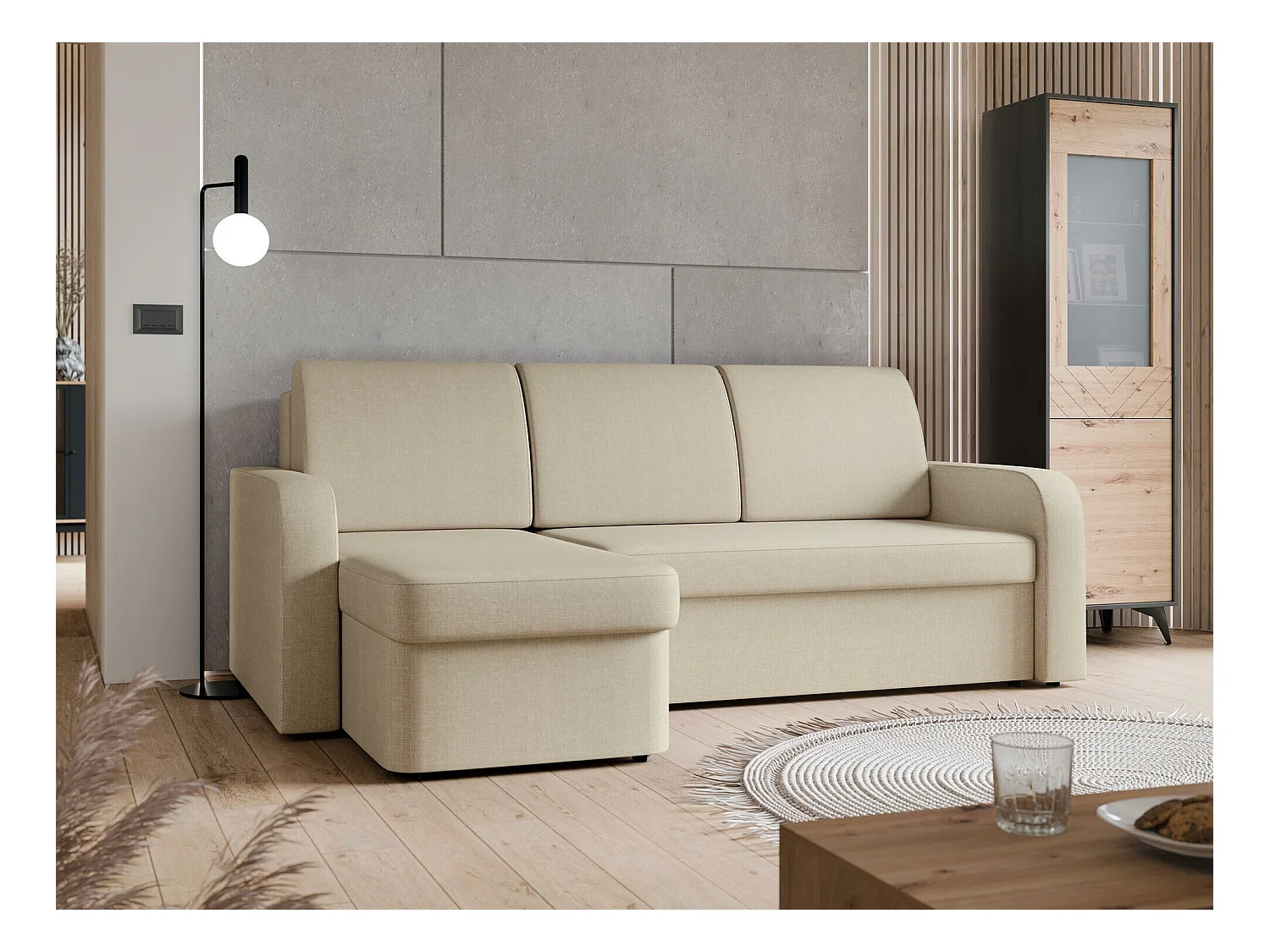 Canapé d'angle Rome 106, Brun clair, Fonction de couchage, Boîte de literie, 210x153x85cm