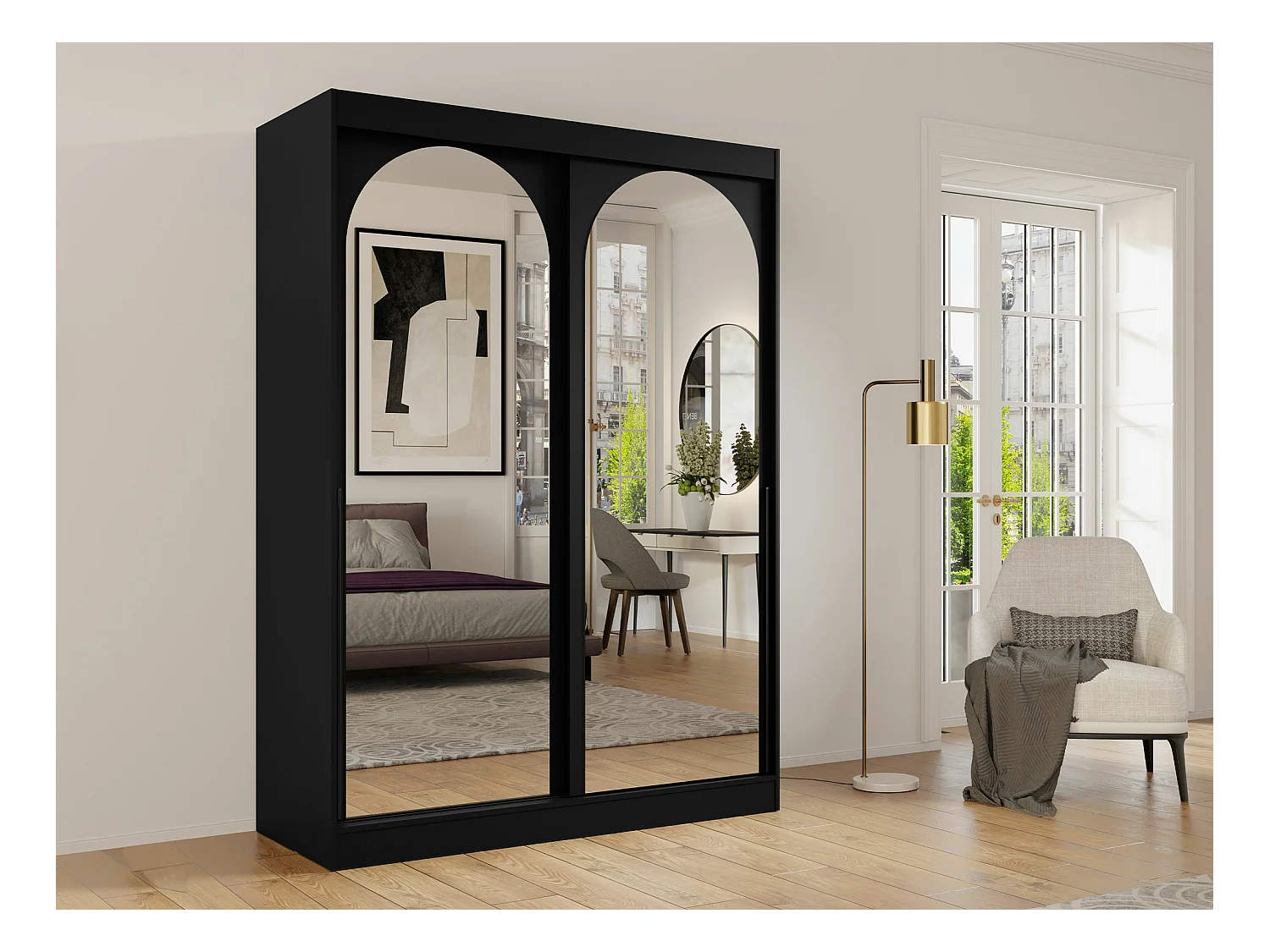 Armario Toledo 131, Negro, 216x150x65cm, Puertas de armario: Correderas
