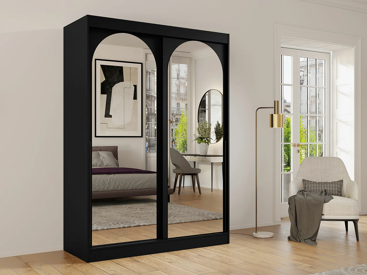 Armario Toledo 131, Negro, 216x150x65cm, Puertas de armario: Correderas