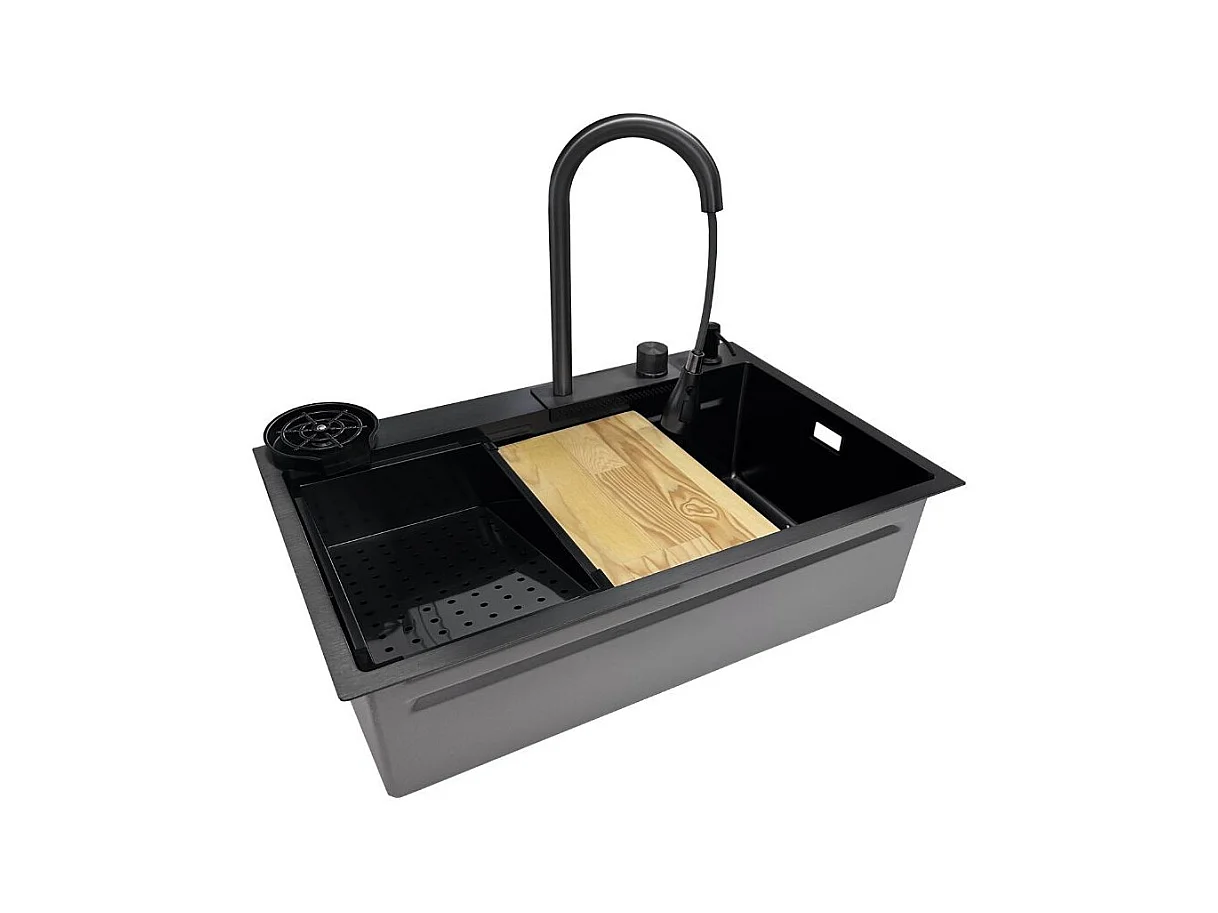 Lavello cucina da incasso una vasca 74x45x20H inox acciaio nero SA3541 con accessori