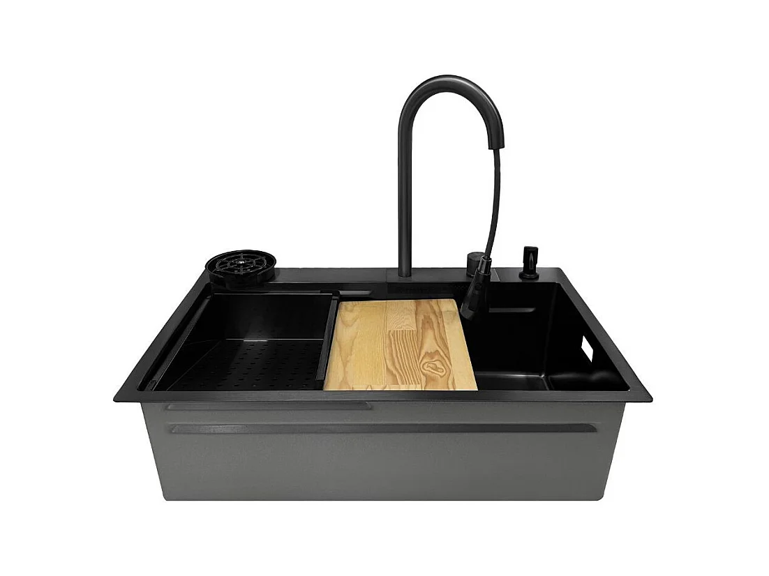 Lavello cucina da incasso una vasca 74x45x20H inox acciaio nero SA3541 con accessori