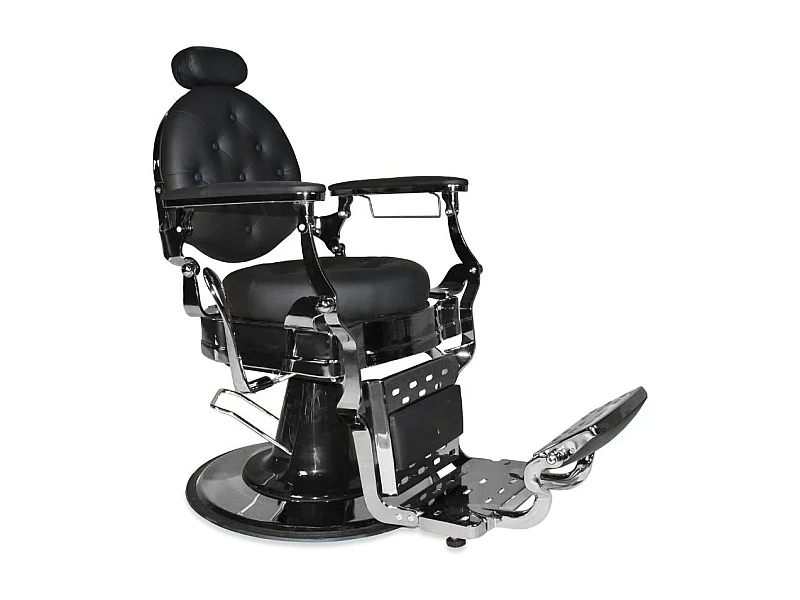 Poltrona da barbiere Ultron reclinabile in ecopelle nera e struttura in acciaio cromato lucido